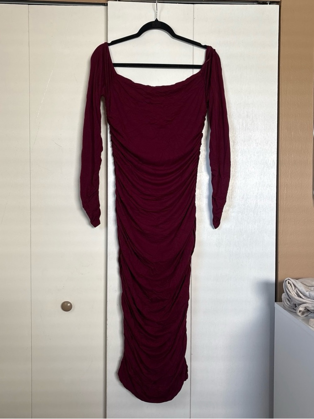 Vici Long Sleeve Ruched Burgundy off the shoulder maxi dress